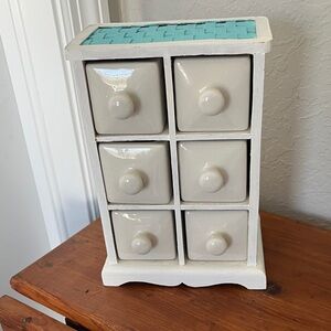 White and Teal Ceramic Drawer Organizer Ceramic Drawers Woven sides Vintage